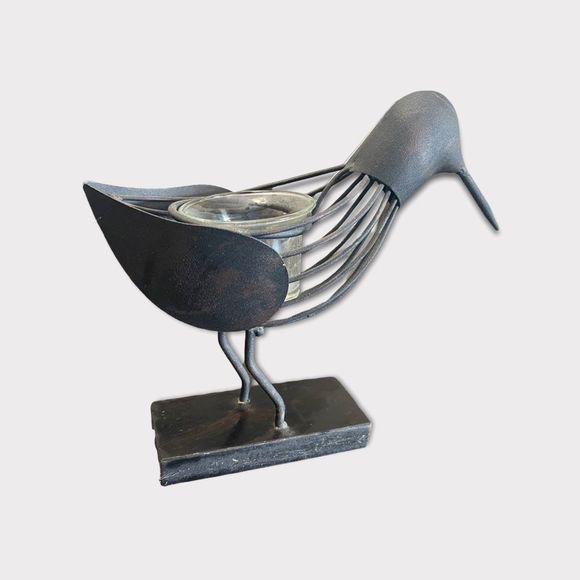 WROUGHT Iron Bird Tea Light Holder with Wood Stand - Picture 3 of 4